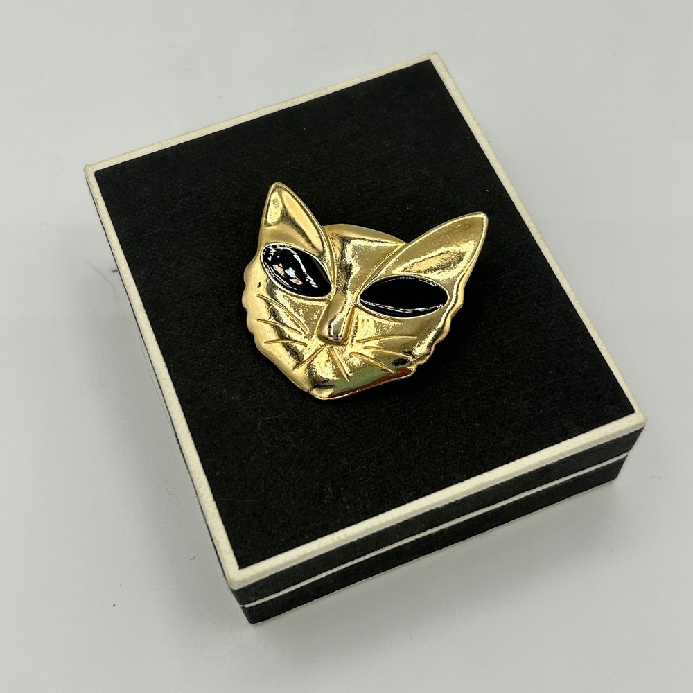 Vintage‎ Style Gold Tone Black Enamel Cat Face Brooch Pin Mid Century Modern MCM